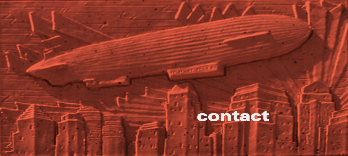 Text that reads ‘contact’ on orange-tinted photo of Art Deco building detail.